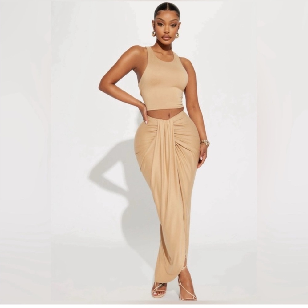 Elegant Tan Maxi Skirt and matching cropped top